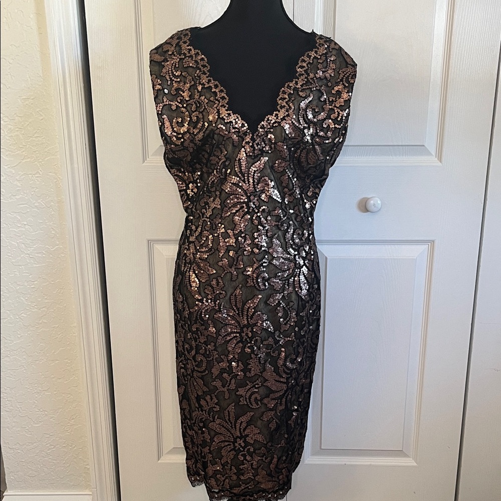 Tadashi Shoji Embroidered Lace Cocktail Dress Rose Gold Metallic Sequins 12